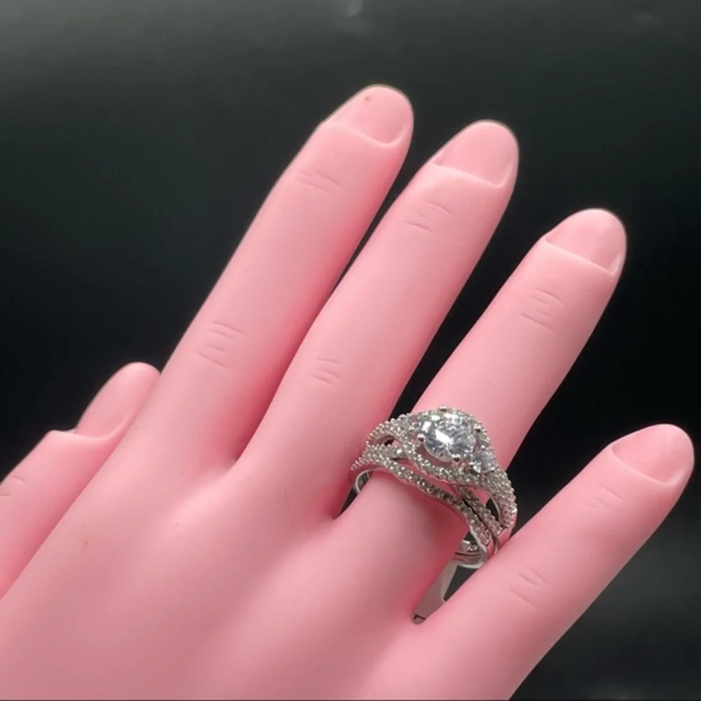 New 925 Sterling Silver CZ Diamond Bridal Wedding Ring Set Halo 2 Band